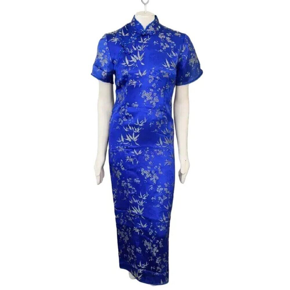 VTG Qipao Cheongsam Floral Maxi Wiggle Dress in Cobalt Blue  SZ 6